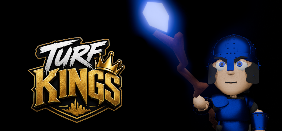 A blue armored Turf Kings character wielding a staff